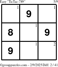 The grouppuzzles.com Easy TicTac-789 puzzle for Sunday February 9, 2025 with the first 2 steps marked