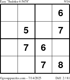 The grouppuzzles.com Easy Sudoku-4-5678 puzzle for Monday July 14, 2025