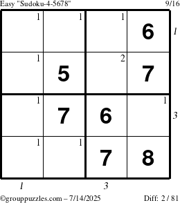 The grouppuzzles.com Easy Sudoku-4-5678 puzzle for Monday July 14, 2025 with all 2 steps marked