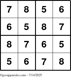 The grouppuzzles.com Answer grid for the Sudoku-4-5678 puzzle for Monday July 14, 2025