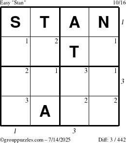 The grouppuzzles.com Easy Stan puzzle for Monday July 14, 2025 with all 3 steps marked