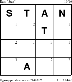 The grouppuzzles.com Easy Stan puzzle for Monday July 14, 2025 with the first 3 steps marked