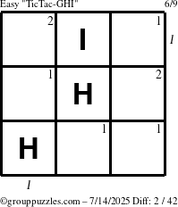 The grouppuzzles.com Easy TicTac-GHI puzzle for Monday July 14, 2025 with all 2 steps marked