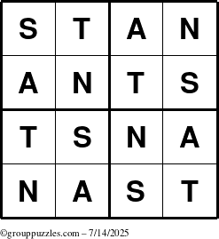 The grouppuzzles.com Answer grid for the Stan puzzle for Monday July 14, 2025