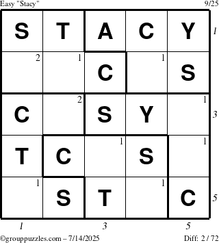 The grouppuzzles.com Easy Stacy puzzle for Monday July 14, 2025 with all 2 steps marked