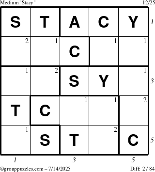 The grouppuzzles.com Medium Stacy puzzle for Monday July 14, 2025, suitable for printing, with all 2 steps marked