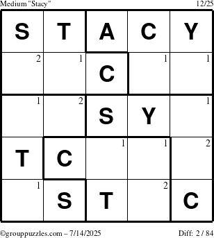 The grouppuzzles.com Medium Stacy puzzle for Monday July 14, 2025 with the first 2 steps marked