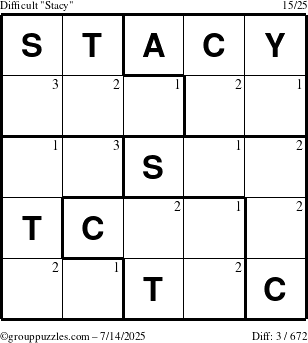 The grouppuzzles.com Difficult Stacy puzzle for Monday July 14, 2025 with the first 3 steps marked