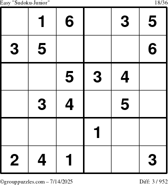 The grouppuzzles.com Easy Sudoku-Junior puzzle for Monday July 14, 2025