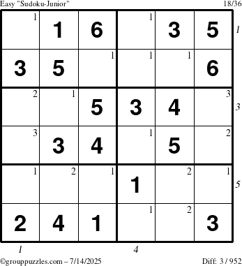 The grouppuzzles.com Easy Sudoku-Junior puzzle for Monday July 14, 2025 with all 3 steps marked
