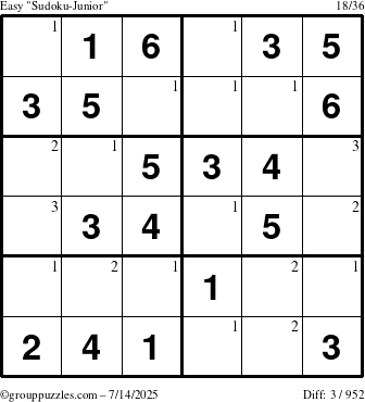 The grouppuzzles.com Easy Sudoku-Junior puzzle for Monday July 14, 2025 with the first 3 steps marked