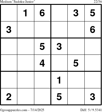 The grouppuzzles.com Medium Sudoku-Junior puzzle for Monday July 14, 2025