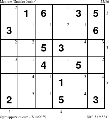 The grouppuzzles.com Medium Sudoku-Junior puzzle for Monday July 14, 2025 with all 5 steps marked