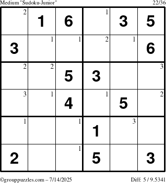 The grouppuzzles.com Medium Sudoku-Junior puzzle for Monday July 14, 2025 with the first 3 steps marked