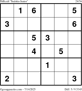 The grouppuzzles.com Difficult Sudoku-Junior puzzle for Monday July 14, 2025