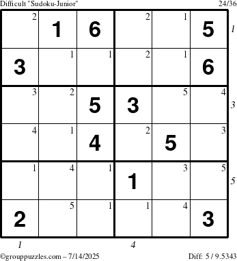 The grouppuzzles.com Difficult Sudoku-Junior puzzle for Monday July 14, 2025 with all 5 steps marked