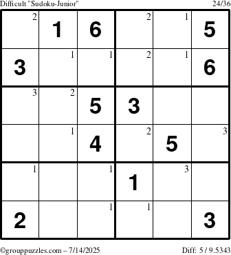 The grouppuzzles.com Difficult Sudoku-Junior puzzle for Monday July 14, 2025 with the first 3 steps marked