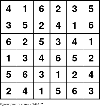 The grouppuzzles.com Answer grid for the Sudoku-Junior puzzle for Monday July 14, 2025