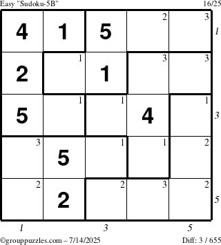 The grouppuzzles.com Easy Sudoku-5B puzzle for Monday July 14, 2025 with all 3 steps marked