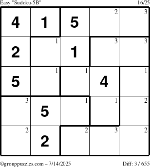 The grouppuzzles.com Easy Sudoku-5B puzzle for Monday July 14, 2025 with the first 3 steps marked
