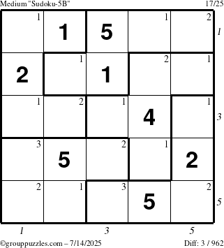 The grouppuzzles.com Medium Sudoku-5B puzzle for Monday July 14, 2025 with all 3 steps marked