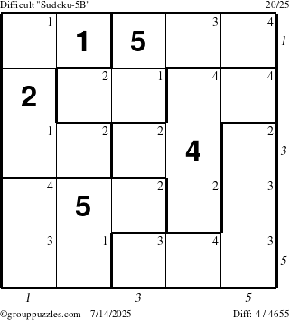 The grouppuzzles.com Difficult Sudoku-5B puzzle for Monday July 14, 2025 with all 4 steps marked