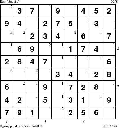 The grouppuzzles.com Easy Sudoku puzzle for Monday July 14, 2025 with all 3 steps marked