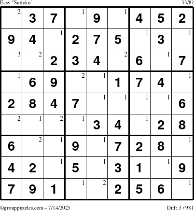 The grouppuzzles.com Easy Sudoku puzzle for Monday July 14, 2025 with the first 3 steps marked