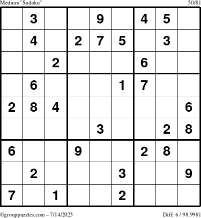 The grouppuzzles.com Medium Sudoku puzzle for Monday July 14, 2025