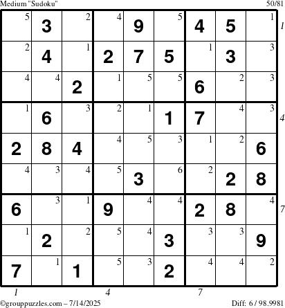The grouppuzzles.com Medium Sudoku puzzle for Monday July 14, 2025 with all 6 steps marked