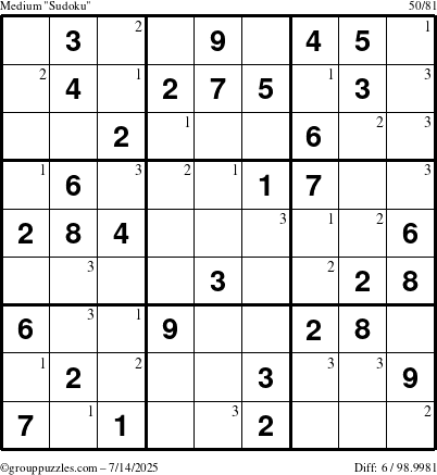 The grouppuzzles.com Medium Sudoku puzzle for Monday July 14, 2025 with the first 3 steps marked