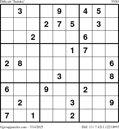 The grouppuzzles.com Difficult Sudoku puzzle for Monday July 14, 2025