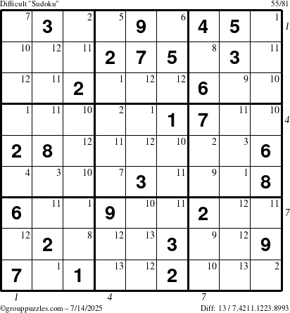 The grouppuzzles.com Difficult Sudoku puzzle for Monday July 14, 2025 with all 13 steps marked