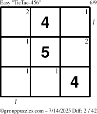 The grouppuzzles.com Easy TicTac-456 puzzle for Monday July 14, 2025 with all 2 steps marked