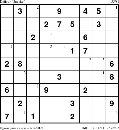 The grouppuzzles.com Difficult Sudoku puzzle for Monday July 14, 2025 with the first 3 steps marked