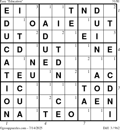 The grouppuzzles.com Easy Education-c1 puzzle for Monday July 14, 2025 with all 3 steps marked