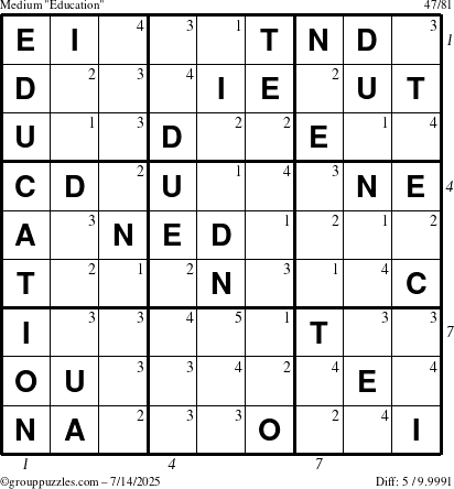 The grouppuzzles.com Medium Education-c1 puzzle for Monday July 14, 2025 with all 5 steps marked