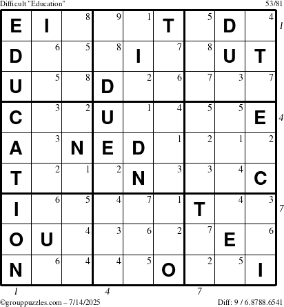 The grouppuzzles.com Difficult Education-c1 puzzle for Monday July 14, 2025, suitable for printing, with all 9 steps marked