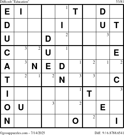 The grouppuzzles.com Difficult Education-c1 puzzle for Monday July 14, 2025 with the first 3 steps marked