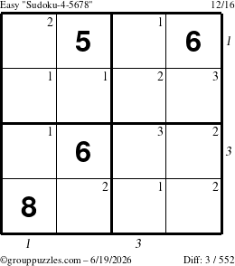 The grouppuzzles.com Easy Sudoku-4-5678 puzzle for Friday June 19, 2026, suitable for printing, with all 3 steps marked