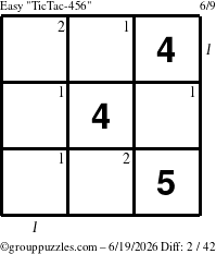 The grouppuzzles.com Easy TicTac-456 puzzle for Friday June 19, 2026 with all 2 steps marked