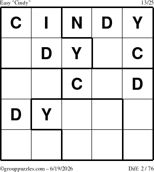 The grouppuzzles.com Easy Cindy puzzle for Friday June 19, 2026