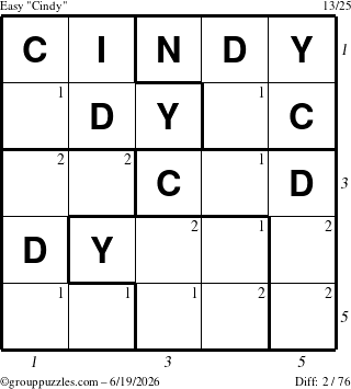The grouppuzzles.com Easy Cindy puzzle for Friday June 19, 2026 with all 2 steps marked