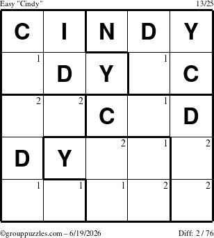 The grouppuzzles.com Easy Cindy puzzle for Friday June 19, 2026 with the first 2 steps marked