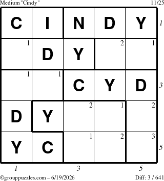 The grouppuzzles.com Medium Cindy puzzle for Friday June 19, 2026, suitable for printing, with all 3 steps marked
