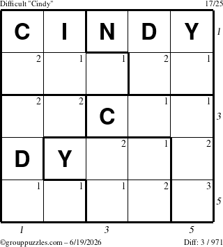The grouppuzzles.com Difficult Cindy puzzle for Friday June 19, 2026, suitable for printing, with all 3 steps marked