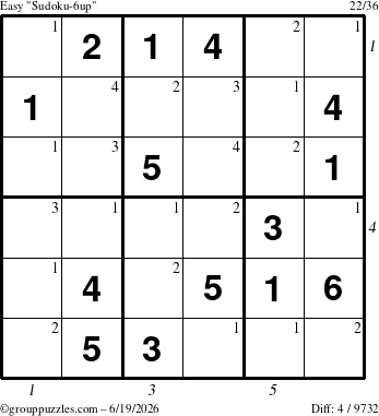 The grouppuzzles.com Easy Sudoku-6up puzzle for Friday June 19, 2026, suitable for printing, with all 4 steps marked