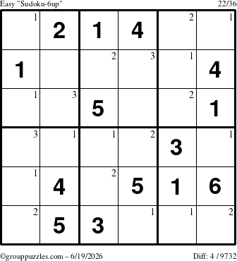 The grouppuzzles.com Easy Sudoku-6up puzzle for Friday June 19, 2026 with the first 3 steps marked