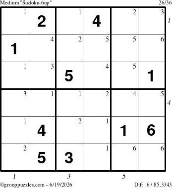 The grouppuzzles.com Medium Sudoku-6up puzzle for Friday June 19, 2026 with all 6 steps marked