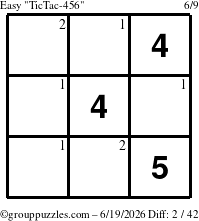 The grouppuzzles.com Easy TicTac-456 puzzle for Friday June 19, 2026 with the first 2 steps marked